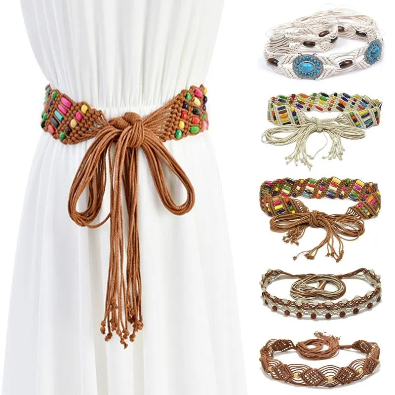 1PC Casual Women Braided Belt Wooden Bead Waistband Tassels Rope Ethnic Colourful Fashion