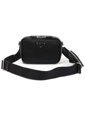 2VH070 Black Re nylon Brushed Leather Silver Triangle Brick Cross Bag