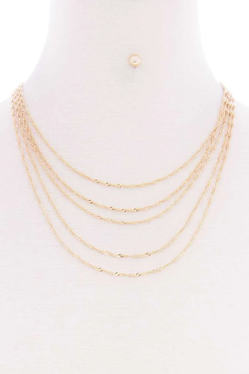 5 Layered Twist Chain Multi Metal Necklace Earring Set