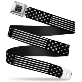 BD Wings Logo CLOSE-UP Full Color Black Silver Seatbelt Belt - Americana Stars & Stripes2 Weathered Black/White Webbing