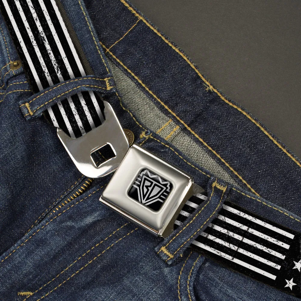 BD Wings Logo CLOSE-UP Full Color Black Silver Seatbelt Belt - Americana Stars & Stripes2 Weathered Black/White Webbing