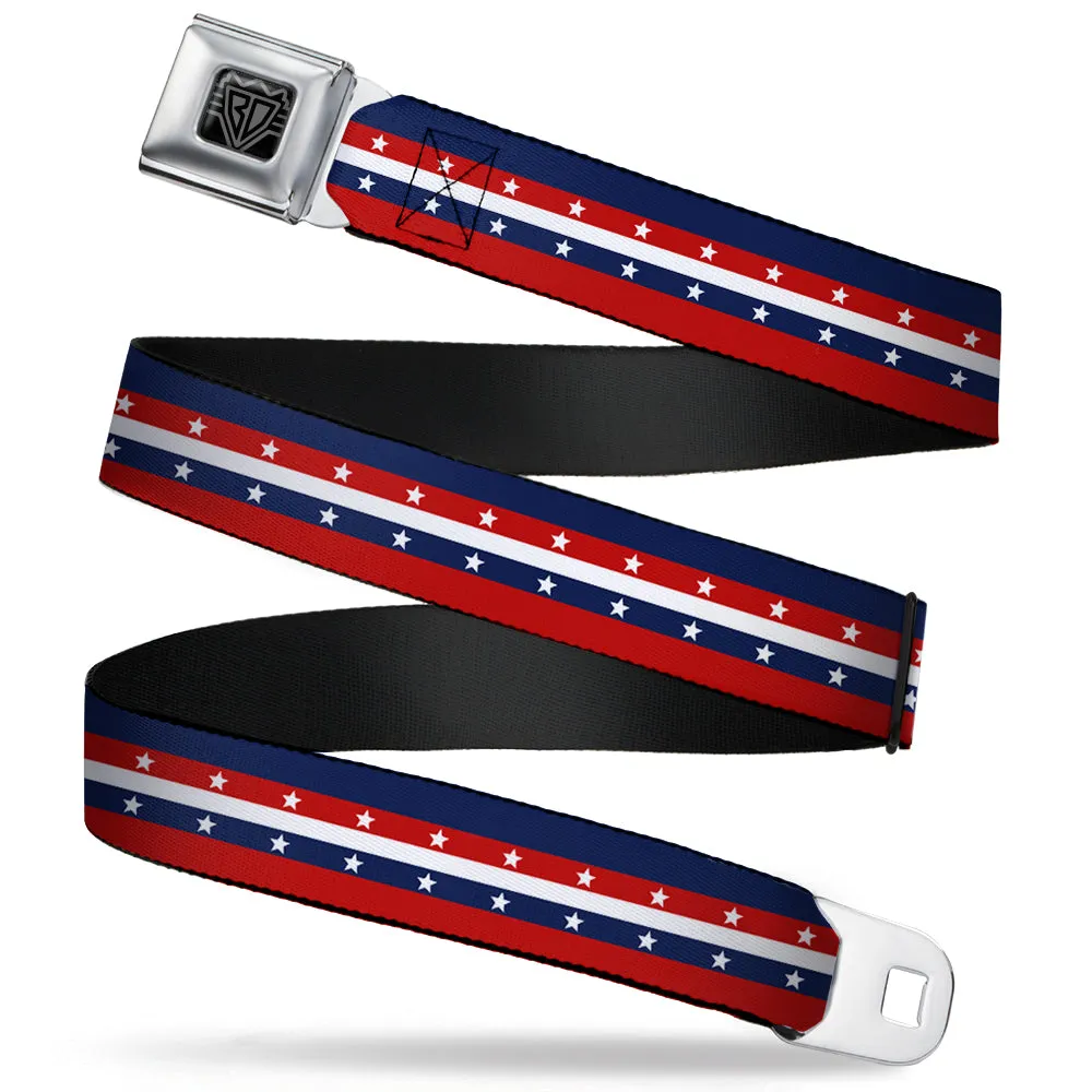 BD Wings Logo CLOSE-UP Full Color Black Silver Seatbelt Belt - Americana Stripe w/Stars Blue/Red/White Webbing