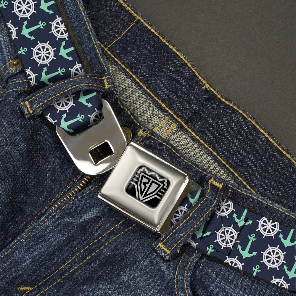 BD Wings Logo CLOSE-UP Full Color Black Silver Seatbelt Belt - Anchor2/Helm Monogram Navy/Turquoise/White Webbing