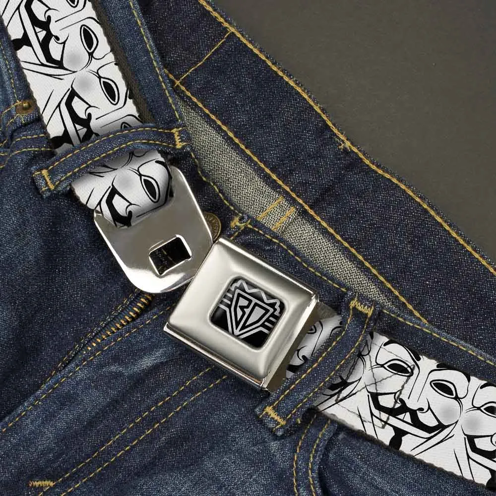 BD Wings Logo CLOSE-UP Full Color Black Silver Seatbelt Belt - Anonymous Face CLOSE-UP Repeat White/Black/Gray Webbing