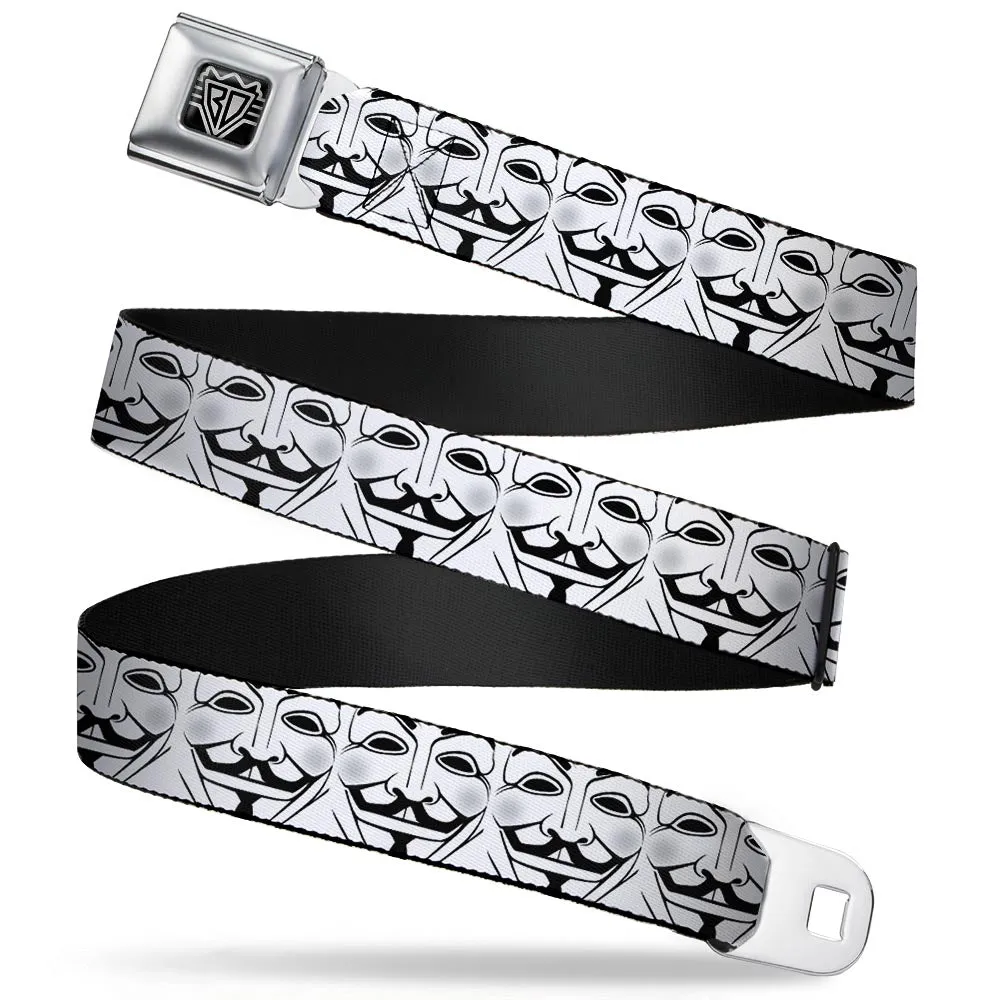 BD Wings Logo CLOSE-UP Full Color Black Silver Seatbelt Belt - Anonymous Face CLOSE-UP Repeat White/Black/Gray Webbing