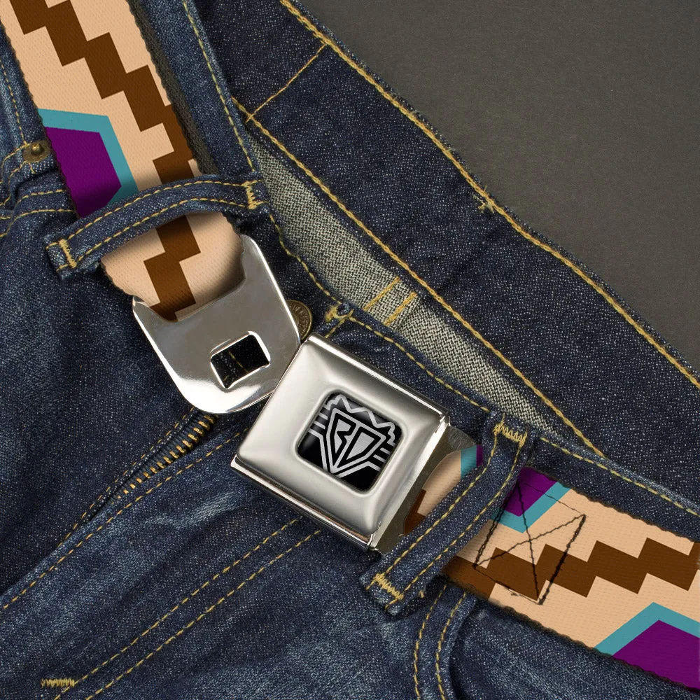 BD Wings Logo CLOSE-UP Full Color Black Silver Seatbelt Belt - Aztec18 Tan/Brown/Turquoise/Purple Webbing