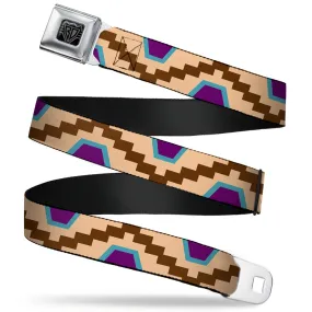 BD Wings Logo CLOSE-UP Full Color Black Silver Seatbelt Belt - Aztec18 Tan/Brown/Turquoise/Purple Webbing