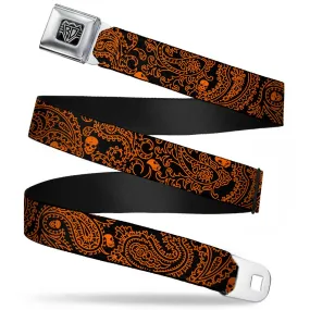 BD Wings Logo CLOSE-UP Full Color Black Silver Seatbelt Belt - Bandana/Skulls Black/Orange Webbing