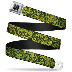 BD Wings Logo CLOSE-UP Full Color Black Silver Seatbelt Belt - Bandana/Skulls Green/Gold Webbing