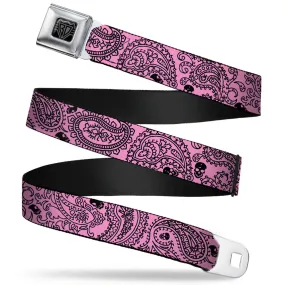 BD Wings Logo CLOSE-UP Full Color Black Silver Seatbelt Belt - Bandana/Skulls Pink/Black Webbing