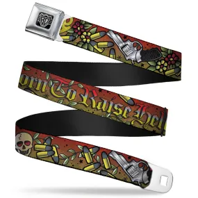 BD Wings Logo CLOSE-UP Full Color Black Silver Seatbelt Belt - Born to Raise Hell Red Webbing