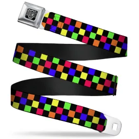 BD Wings Logo CLOSE-UP Full Color Black Silver Seatbelt Belt - Checker Black/Multi Neon Webbing