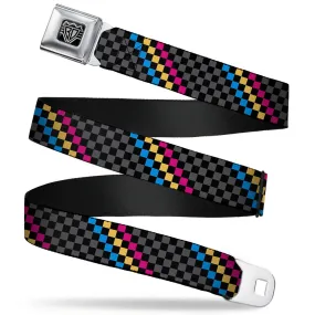 BD Wings Logo CLOSE-UP Full Color Black Silver Seatbelt Belt - Checker Stripe Black/Gray/Blue/Gold/Pink Webbing