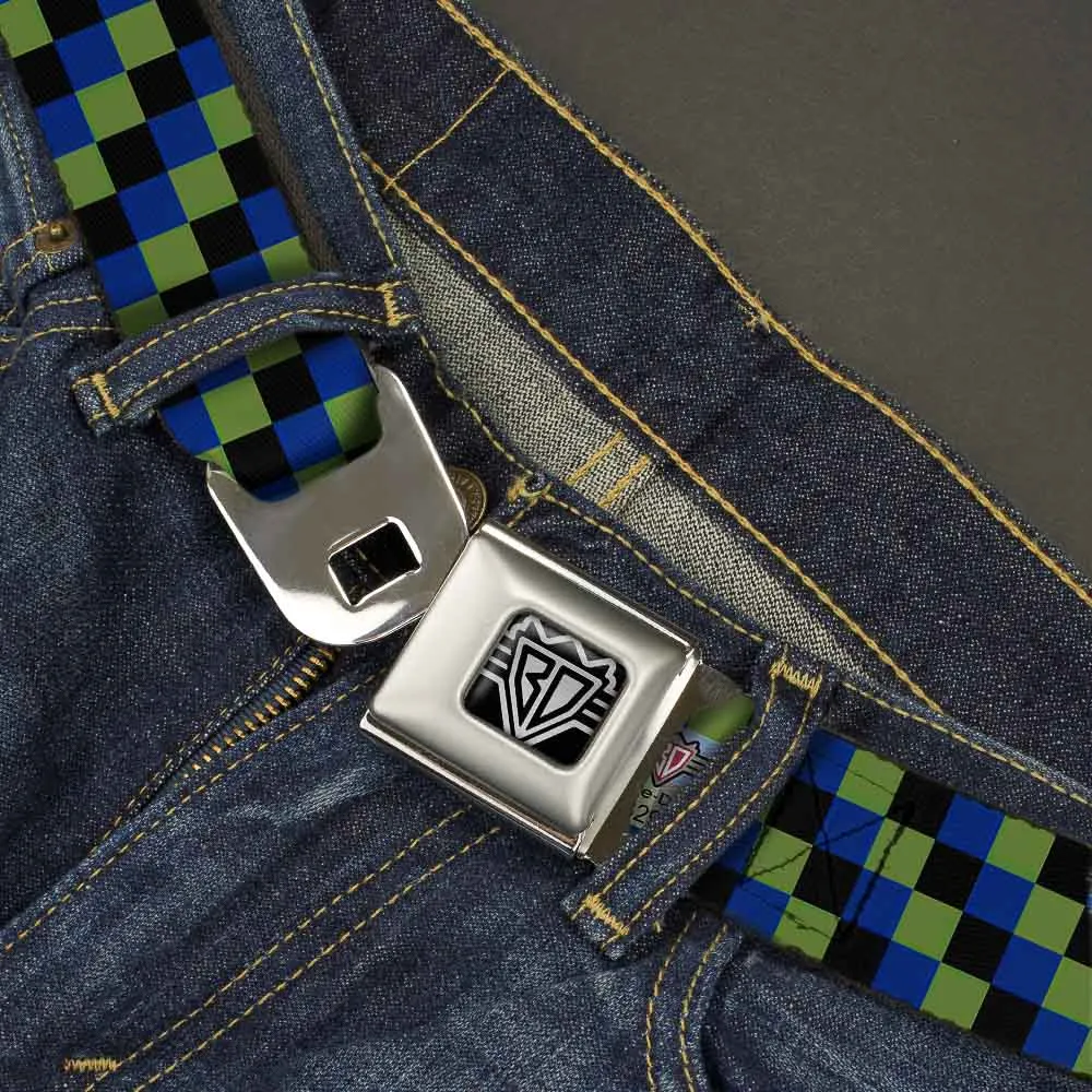 BD Wings Logo CLOSE-UP Full Color Black Silver Seatbelt Belt - Checker Trio Green/Black/Blue Webbing