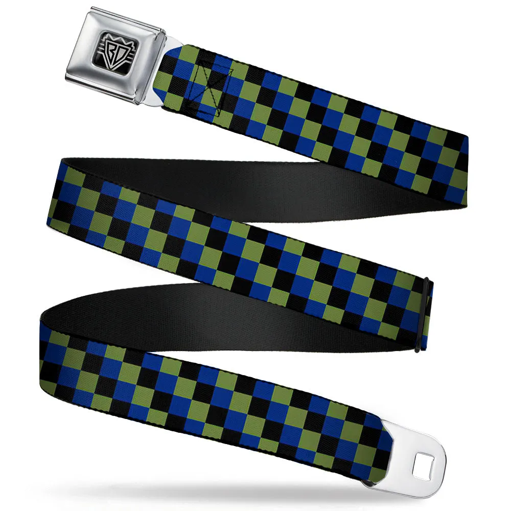 BD Wings Logo CLOSE-UP Full Color Black Silver Seatbelt Belt - Checker Trio Green/Black/Blue Webbing