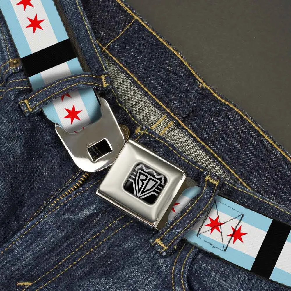 BD Wings Logo CLOSE-UP Full Color Black Silver Seatbelt Belt - Chicago Flags/Black Webbing