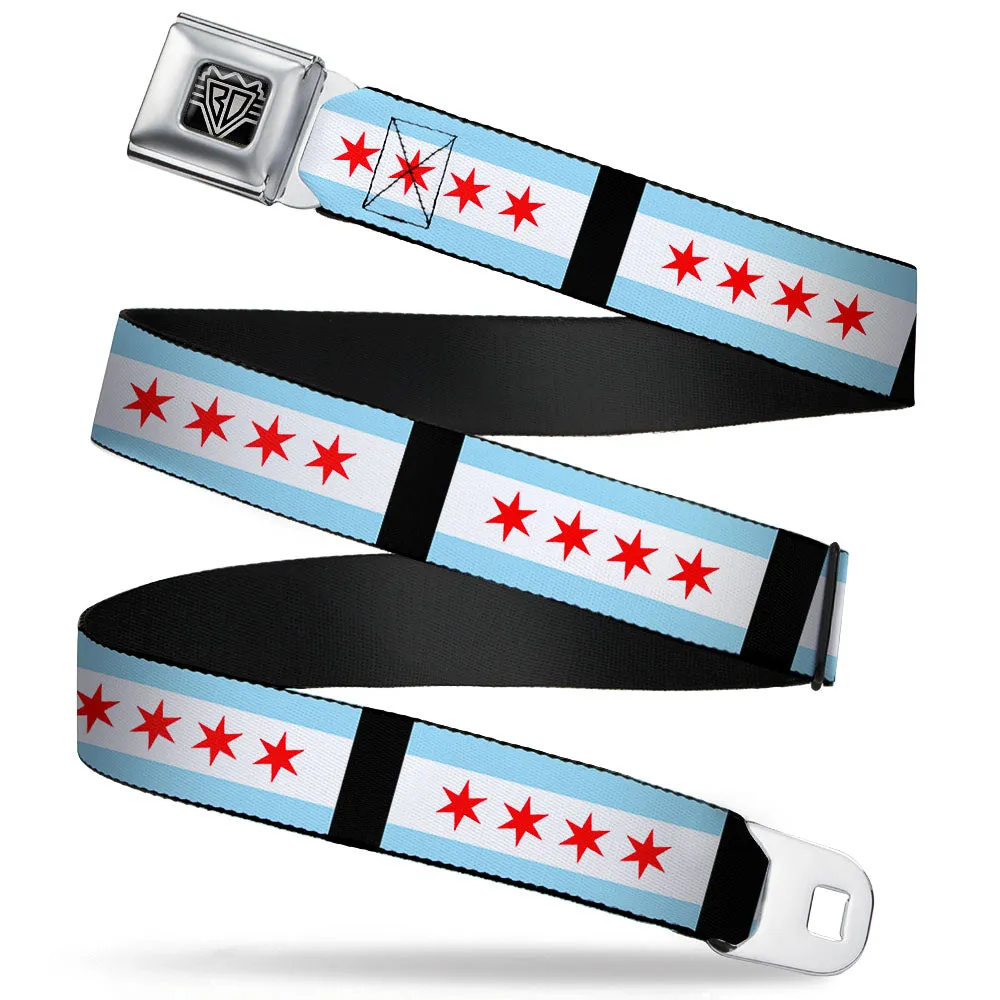 BD Wings Logo CLOSE-UP Full Color Black Silver Seatbelt Belt - Chicago Flags/Black Webbing