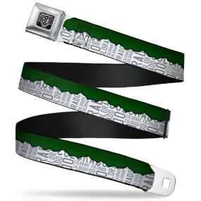 BD Wings Logo CLOSE-UP Full Color Black Silver Seatbelt Belt - Colorado Mountains Green/White/Gray Text Webbing