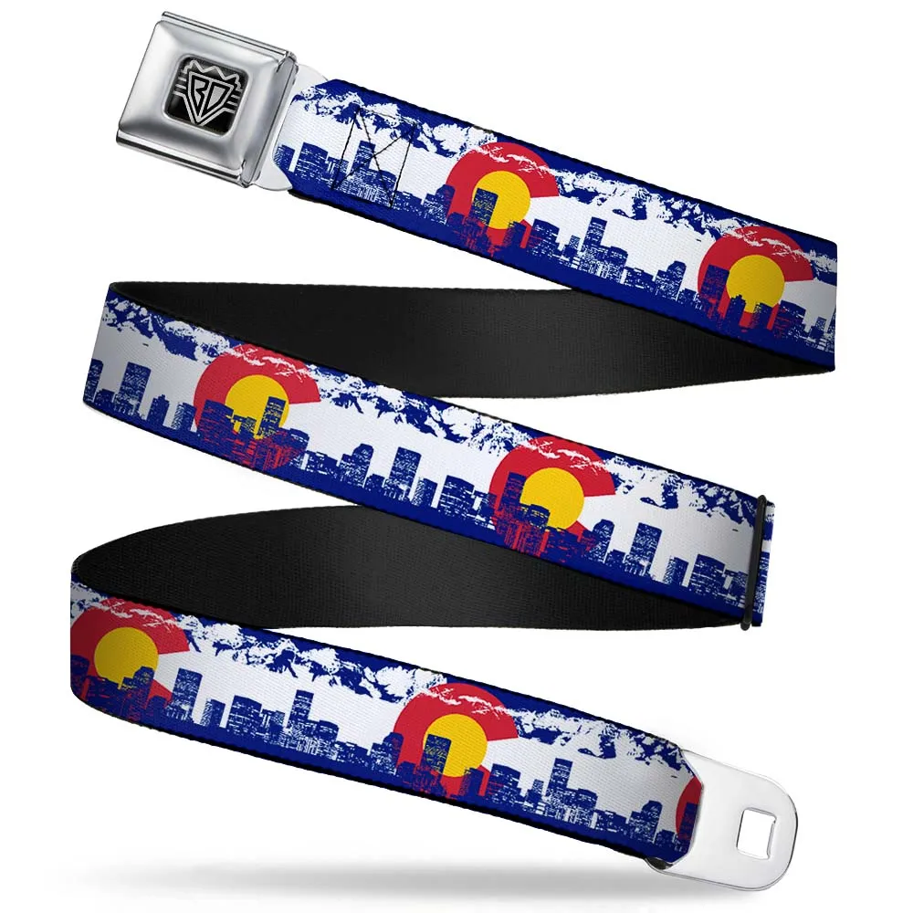 BD Wings Logo CLOSE-UP Full Color Black Silver Seatbelt Belt - Colorado Skyline/Mountains Webbing