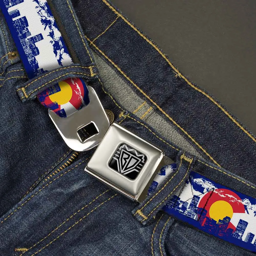 BD Wings Logo CLOSE-UP Full Color Black Silver Seatbelt Belt - Colorado Skyline/Mountains Webbing