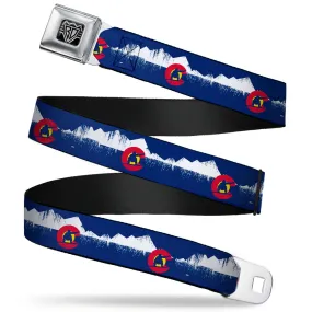 BD Wings Logo CLOSE-UP Full Color Black Silver Seatbelt Belt - Colorado Snowboarder/Snowy Mountains Weathered Webbing