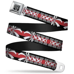 BD Wings Logo CLOSE-UP Full Color Black Silver Seatbelt Belt - Corset Lace Up w/Bow Black/Red Webbing