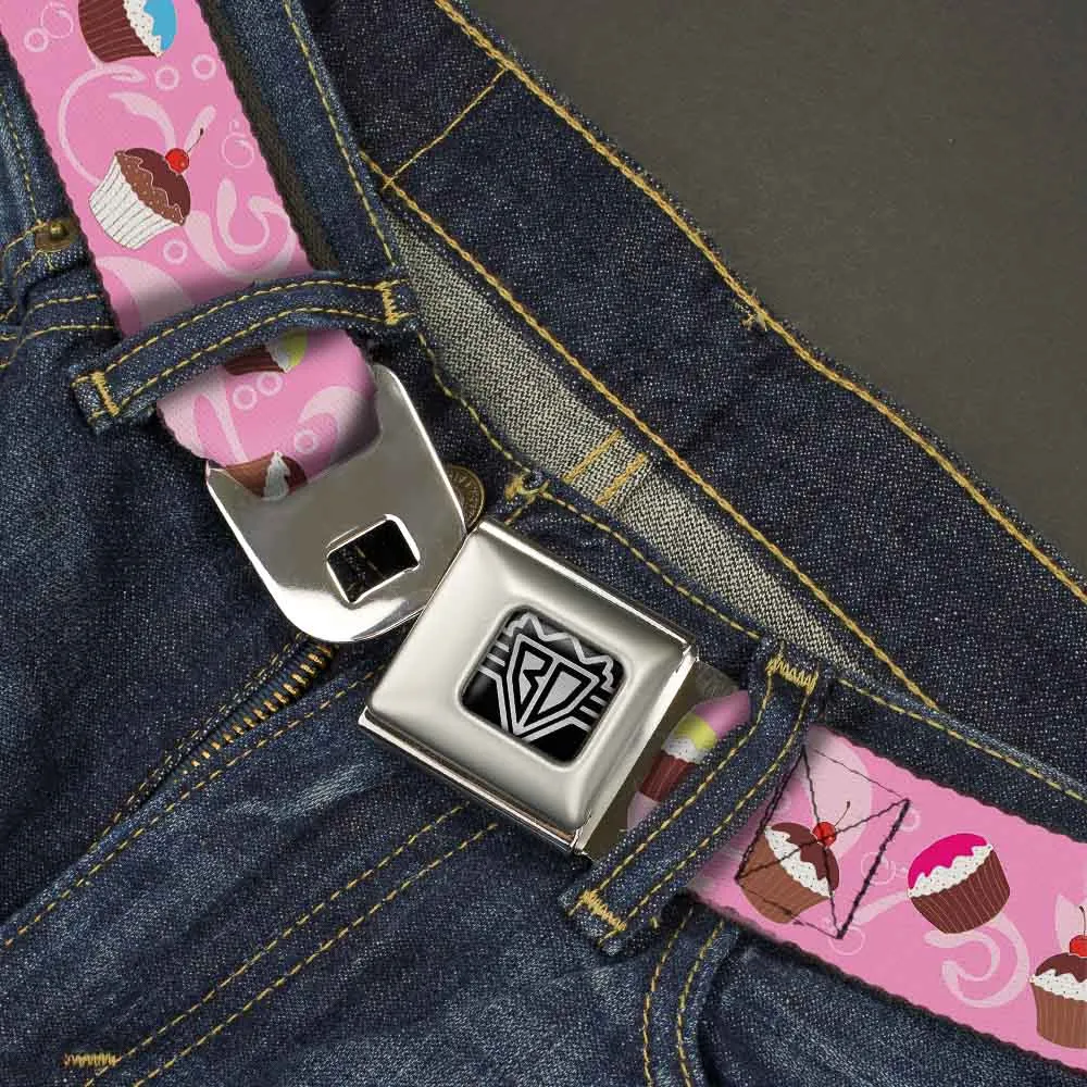 BD Wings Logo CLOSE-UP Full Color Black Silver Seatbelt Belt - Cupcake Swirls Pink/Multi Color Webbing