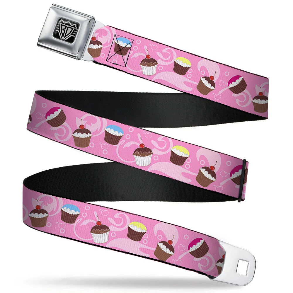 BD Wings Logo CLOSE-UP Full Color Black Silver Seatbelt Belt - Cupcake Swirls Pink/Multi Color Webbing