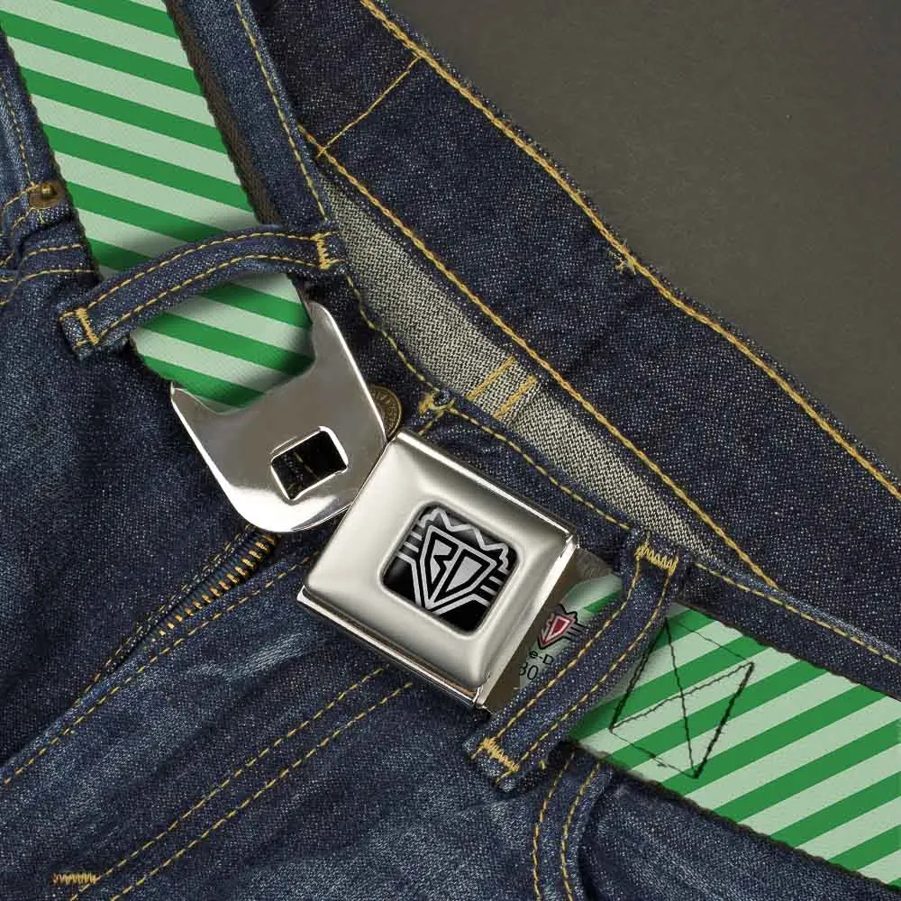 BD Wings Logo CLOSE-UP Full Color Black Silver Seatbelt Belt - Diagonal Stripes Pastel Greens Webbing