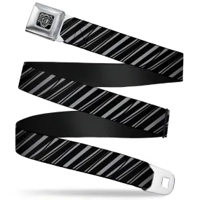 BD Wings Logo CLOSE-UP Full Color Black Silver Seatbelt Belt - Diagonal Stripes Scribble Gray/Black Webbing