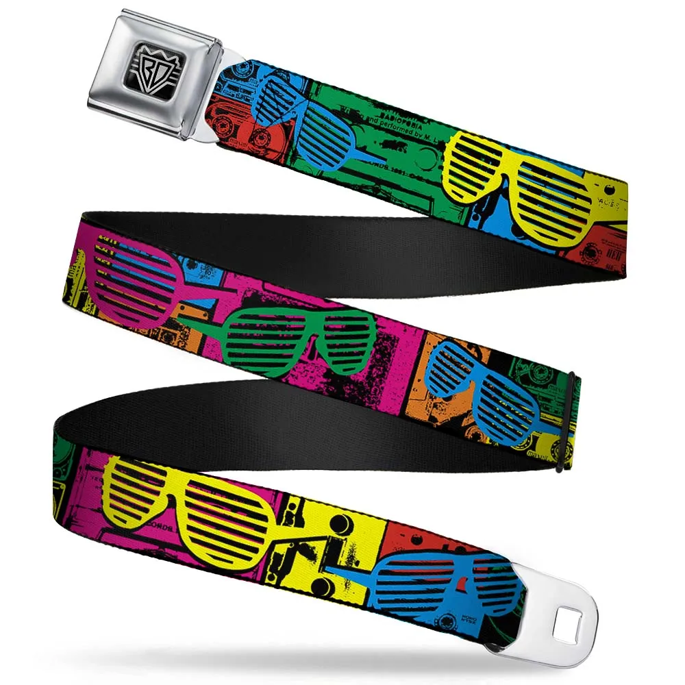 BD Wings Logo CLOSE-UP Full Color Black Silver Seatbelt Belt - Eighties Shades Tapes Black/Neon Webbing