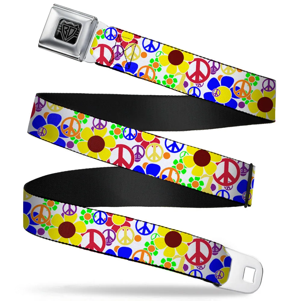 BD Wings Logo CLOSE-UP Full Color Black Silver Seatbelt Belt - Flower Peace Power Webbing