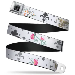 BD Wings Logo CLOSE-UP Full Color Black Silver Seatbelt Belt - Flower Splatter White/Gray Webbing