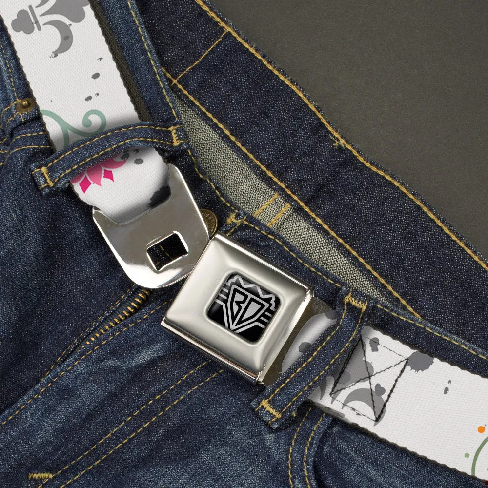 BD Wings Logo CLOSE-UP Full Color Black Silver Seatbelt Belt - Flower Splatter White/Gray Webbing