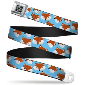 BD Wings Logo CLOSE-UP Full Color Black Silver Seatbelt Belt - Fox Face Scattered Sky Blue Webbing