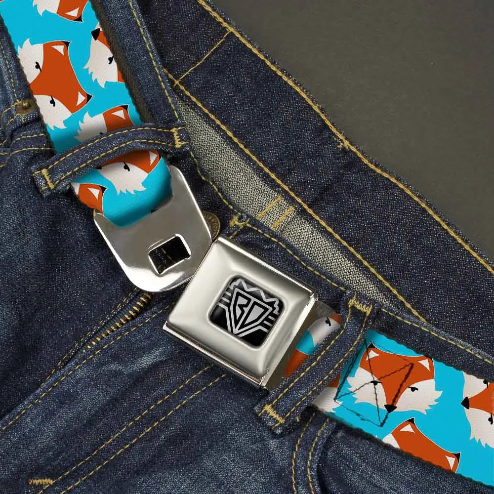 BD Wings Logo CLOSE-UP Full Color Black Silver Seatbelt Belt - Fox Face Scattered Sky Blue Webbing