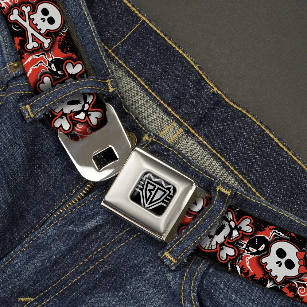 BD Wings Logo CLOSE-UP Full Color Black Silver Seatbelt Belt - Girlie Skull Black/Red Webbing