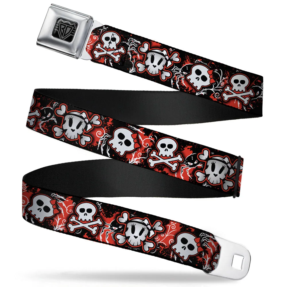 BD Wings Logo CLOSE-UP Full Color Black Silver Seatbelt Belt - Girlie Skull Black/Red Webbing