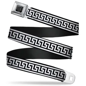 BD Wings Logo CLOSE-UP Full Color Black Silver Seatbelt Belt - Greek Key Border Black/White Webbing