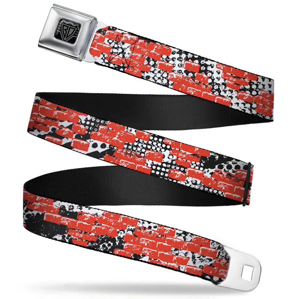 BD Wings Logo CLOSE-UP Full Color Black Silver Seatbelt Belt - Grunge Bricks Orange Webbing