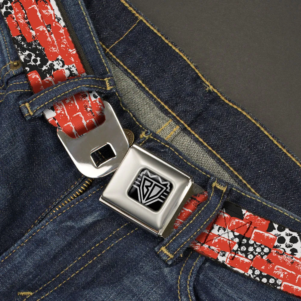 BD Wings Logo CLOSE-UP Full Color Black Silver Seatbelt Belt - Grunge Bricks Orange Webbing