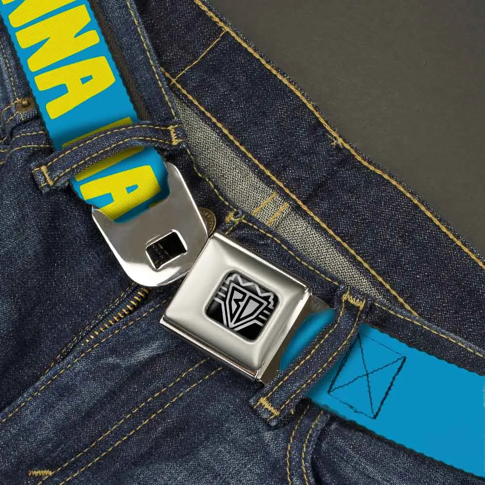 BD Wings Logo CLOSE-UP Full Color Black Silver Seatbelt Belt - HATERS GONNA HATE Turquoise/Yellow Webbing