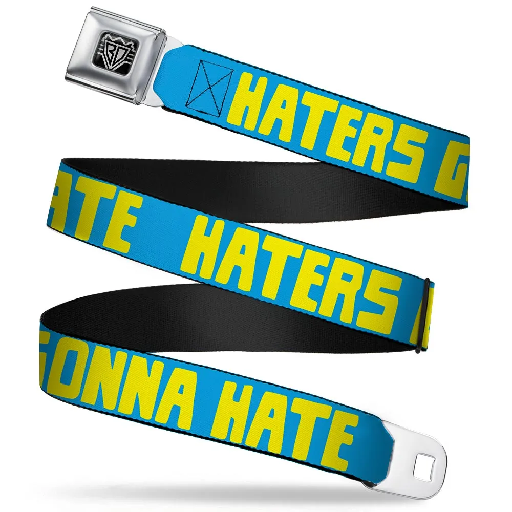 BD Wings Logo CLOSE-UP Full Color Black Silver Seatbelt Belt - HATERS GONNA HATE Turquoise/Yellow Webbing