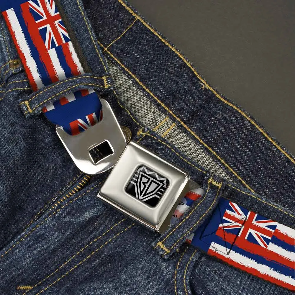 BD Wings Logo CLOSE-UP Full Color Black Silver Seatbelt Belt - Hawaii Flags Weathered Blue/Red/White Webbing