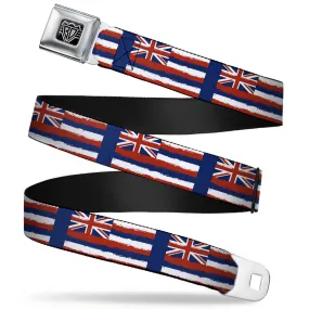 BD Wings Logo CLOSE-UP Full Color Black Silver Seatbelt Belt - Hawaii Flags Weathered Blue/Red/White Webbing