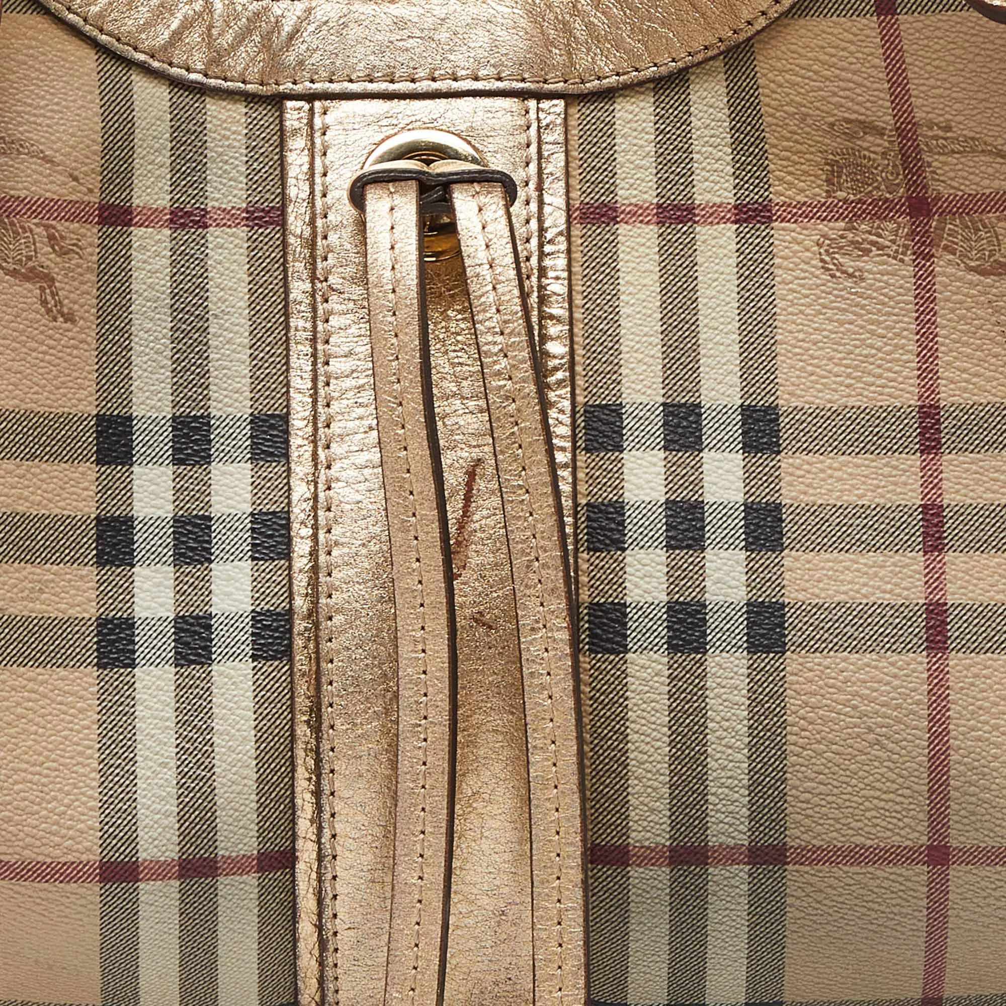 BURBERRY Beige/Gold Haymarket Check PVC and Leather Hobo