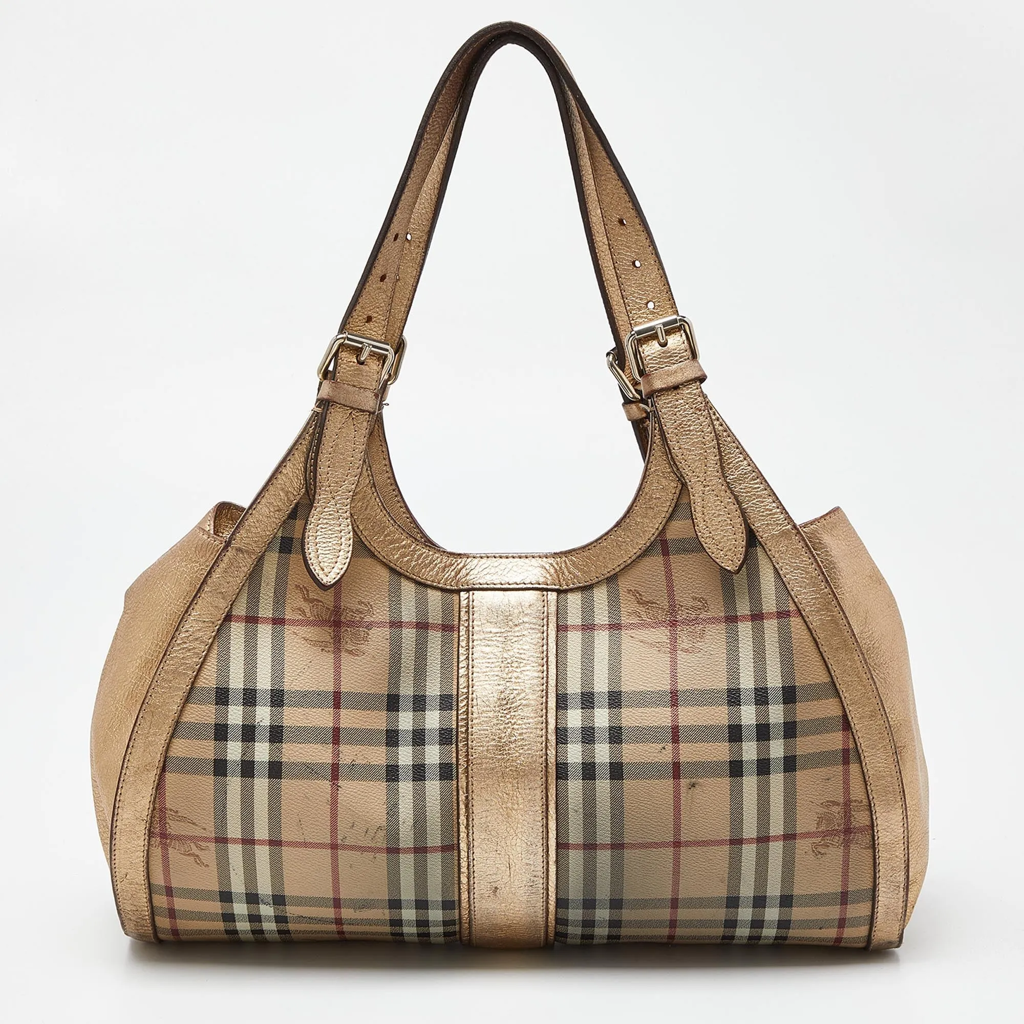 BURBERRY Beige/Gold Haymarket Check PVC and Leather Hobo