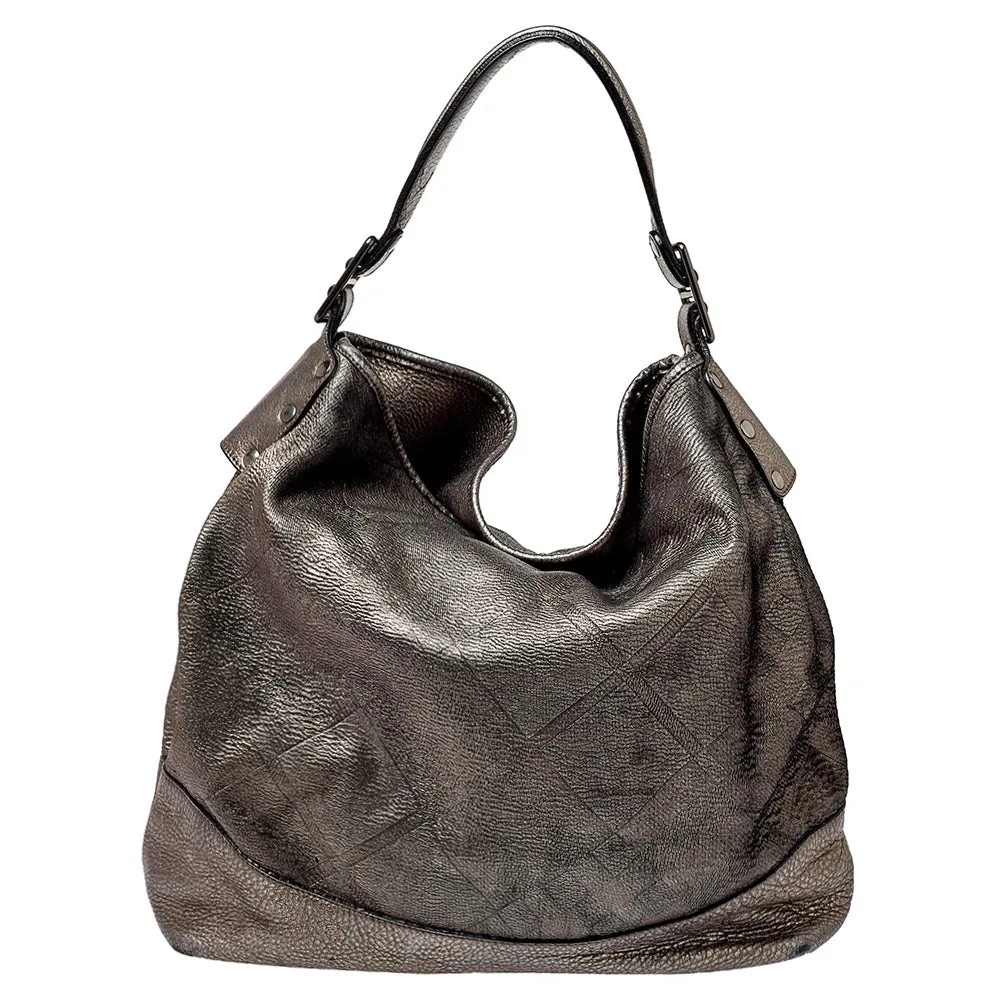 Burberry Metallic Silver Leather Large Hobo