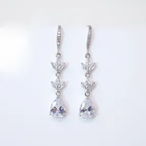 Cubic Zirconia Dainty Diamond Drop Crystal, Diamond Leaves Earrings, Long Bridal Jewelry, Bridal Earrings, Crystal Bridal Earrings Cz