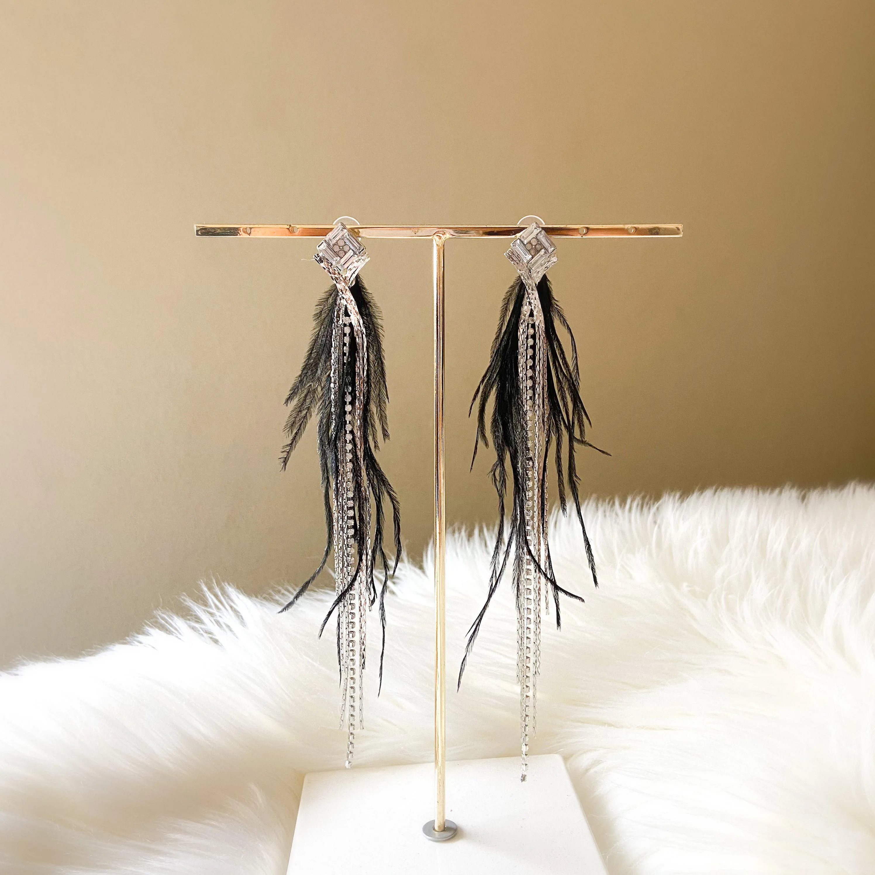 Feather & Rhinestone Duster Earrings - 2 Colors!